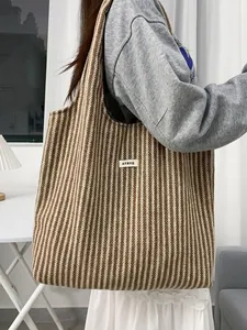 Autumn oversized wool tote bag with brown herringbone pattern for daily casual shoulder use