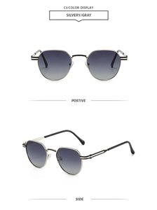Close-up of silver metal polygonal sunglasses with gradient gray lenses and black accents