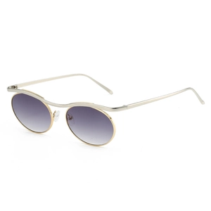Lunettes steampunk à monture ronde en métal doré et verres dégradés violets sur fond blanc