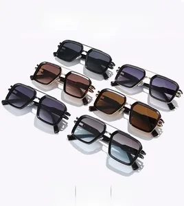 Flat lay of classic double-bridge sunglasses in six color variants on white background