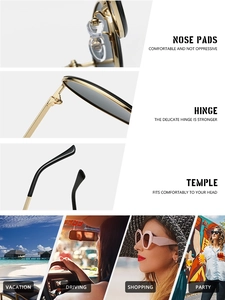 Détails de lunettes de soleil ovales en métal avec plaquettes et collage lifestyle