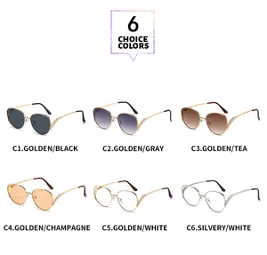 Detailed grid of oversized rhinestone sunglasses in six stylish frame and lens colors
