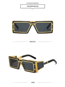 Detail of steampunk rectangular sunglasses with gold and black metal frame accents