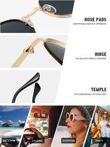 Detail view of gold metal frames with silicone nose pads and UV lenses for these sunglasses