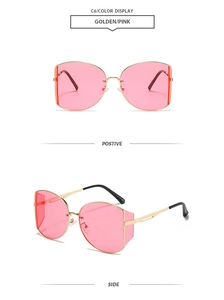 Detailansicht der großen Metall-Sonnenbrille mit rosa Gläsern und Seitenschutz in Gold