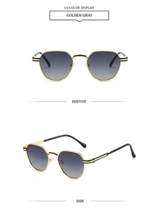 Detailed front and side view of golden polygonal metal sunglasses with gray gradient lenses