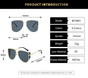 Detailed size chart for oversized double-bridge metal sunglasses with frame measurements
