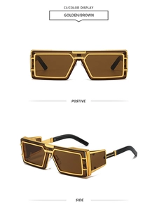 Detailed front and side views of steampunk gold metal square sunglasses with brown lenses