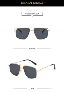 Front and side view of gold metal aviator sunglasses with black lenses on white background