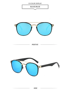 Vorder- und Seitenansicht der Retro-Oval-Sonnenbrille mit blauen Gläsern und Goldakzenten
