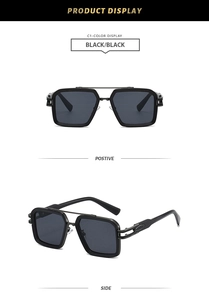 Classic double-bridge sunglasses with black frames shown in front and side detail views