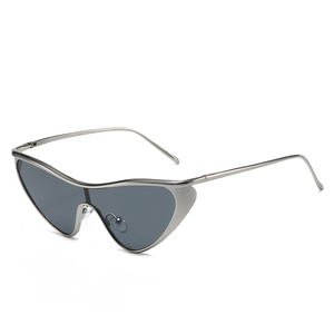 Futuristic silver wraparound sunglasses with dark grey lenses in a cyberpunk style