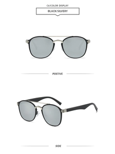 Detailansicht der ovalen Sonnenbrille mit silbernen Spiegelgläsern und Doppelsteg-Struktur