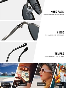 Detail view of stylish polygon sunglasses with reinforced hinges and comfort nose pads
