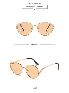 Front and side views of gold metal oversized sunglasses with champagne lenses