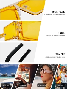 Detail of nose pads and hinges on gold square sunglasses for vacation and driving
