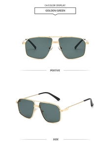 Detail showing the classic golden metal aviator frame and dark green lenses from two angles