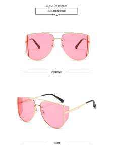 Detailed front and side views of oversized gold metal pilot sunglasses with pink lenses