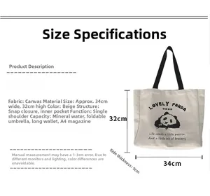 Detailed view of panda canvas bag size 34x32x9cm showing large capacity for A4 books