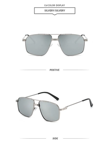Silvery metal double bridge aviator sunglasses with reflective lenses in front and side views