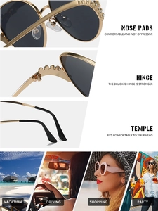 Detailed views of gold frame sunglasses with soft nose pads and durable metal hinges