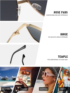 Detail view of gold metal sunglasses with soft nose pads, hinges, and nonslip temples