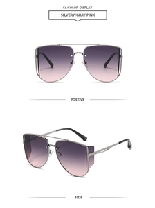Detail view of silvery aviator sunglasses with gray-pink gradient lenses and side shields