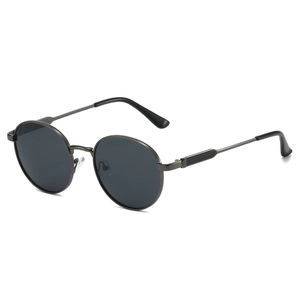 Vintage oval metal sunglasses with black lenses and gun-grey frame on white background