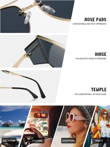 Detail of metal double-bridge sunglasses showing nose pads and diverse lifestyle scenes