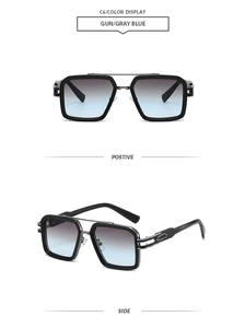 Detail of gunmetal square sunglasses with gray blue lenses and metallic double bridge