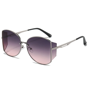 Modische übergroße Sonnenbrille mit gebogenem Metallrahmen und lila Farbverlauf