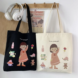 Minimalist canvas tote bags in black and beige with cute girl illustration and slogans