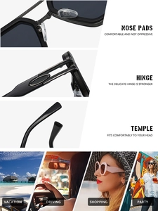 Detail showing silicone nose pads, sturdy hinges, and lifestyle scenes for sunglasses
