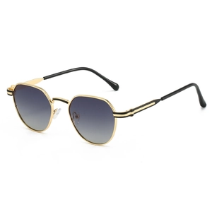 Classic metal polygonal sunglasses with gold frames and grey blue gradient lenses