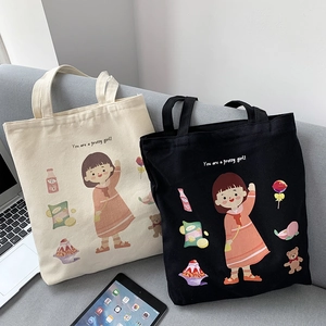 Detail of canvas tote bags featuring cute girl illustrations and snacks on a gray sofa