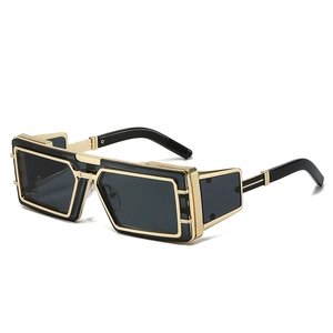 Retro punk square metal sunglasses with unique mesh side shields and black lenses