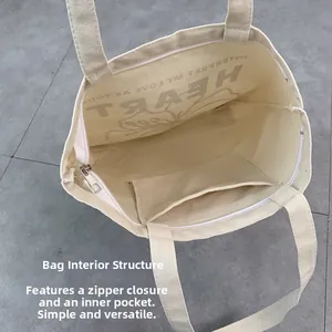 Detail view of canvas tote bag interior with zipper closure and internal pocket