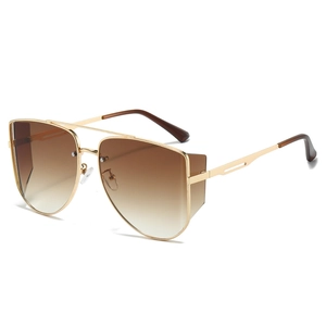 Fashion double-bridge metal pilot sunglasses with gold frame and brown gradient lenses
