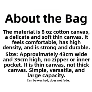 Tableau des tailles du grand sac en toile de coton 8oz avec dimensions 43x35cm
