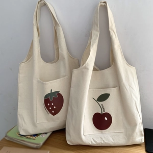Canvas Tote Bag Japanese Style Large Capacity Fruit Print External Pocket Shoulder Handbag For Women Aesthetic Simple