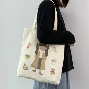 Canvas Tote Bag Thickened Large Capacity Zipper Inner Pocket Cute Cartoon Girl Print Literary Japanese Style Women Bag