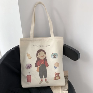 European style hand-painted canvas tote bag with cute cartoon girl illustration