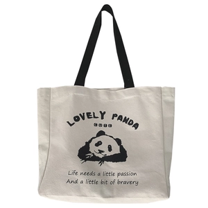 Cute panda canvas tote bag with black handles and motivational text on white background