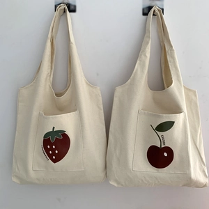 Japanese style canvas tote bag with strawberry and cherry prints in cream white color