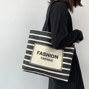 Striped Canvas Tote Bag Large Capacity Zipper Shoulder Bag Fashion Letter Print For Women Daily Commute Student Handbag