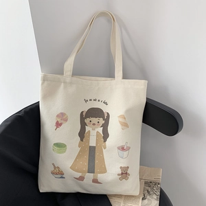 Cute beige canvas tote bag with colorful cartoon girl print for students and travel