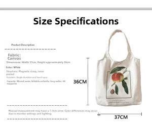 Tableau des tailles pour sac en toile blanc montrant dimensions 37x36cm et détails