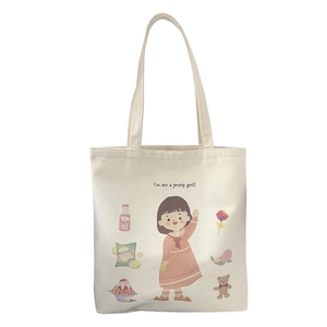 White canvas tote bag with colorful cartoon girl and snacks illustration for summer