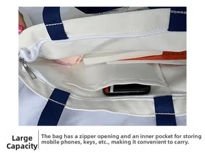 Close-up of canvas tote bag showing top zipper closure and spacious interior pocket