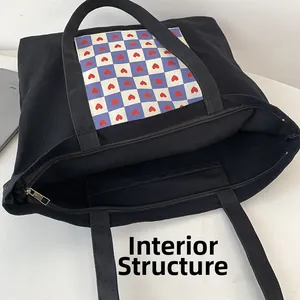 Detail view of the black canvas tote interior showing zipper closure and internal pocket